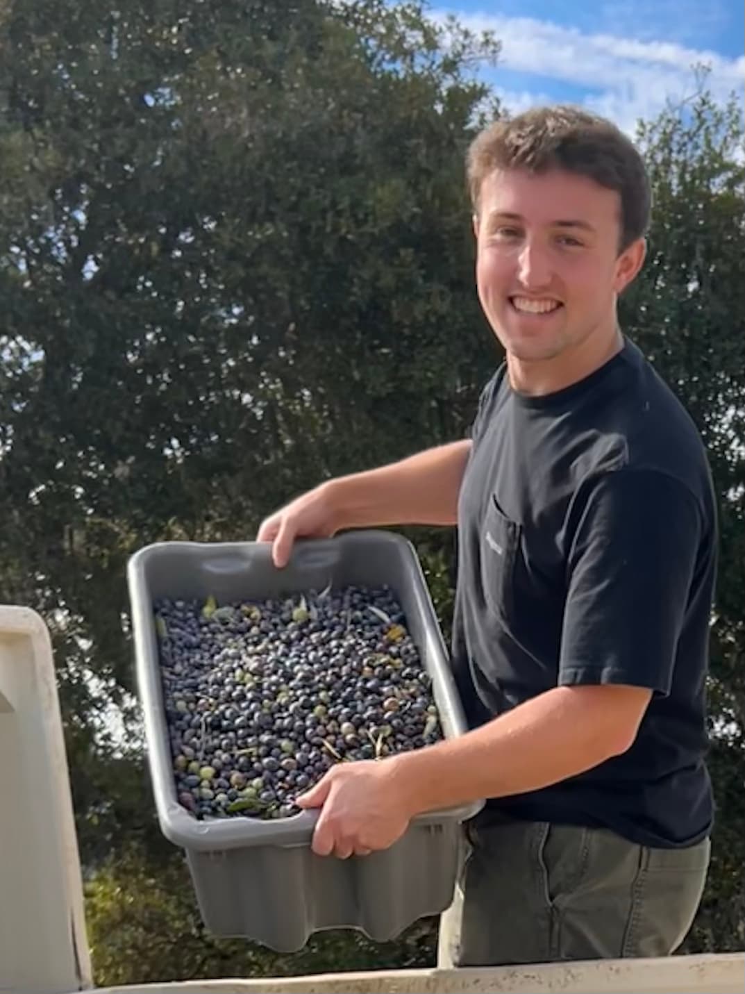 Alex holding a bin of olives outdoors